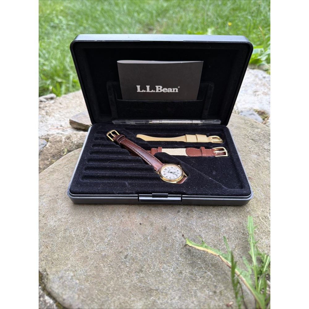VTG L.L. Bean Quartz Analog Field Watch Boxed Set 3 Multi Leather Bands Rare